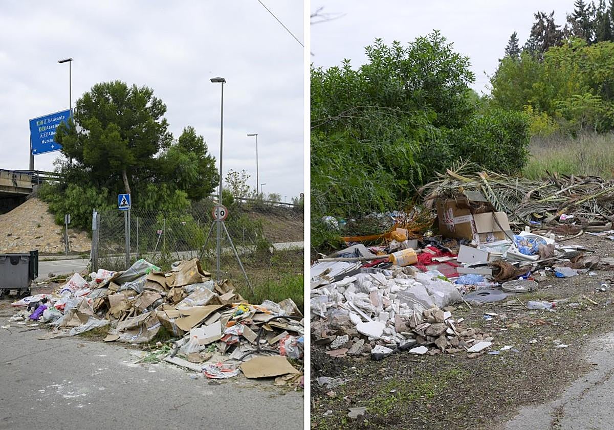 Imagen principal - Arriba: Acumulación de basura en el Carril del Cebadero. Abajo: Desperdicios en el Camino de la Acequia Vieja de Churra.