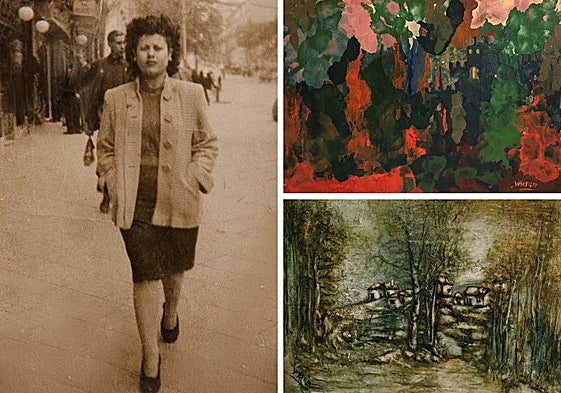 Josefica en Madrid y dos de sus obras: 'Castillo verde' (1975) y 'La colina' (1981).