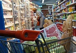 Un carro de supermercado lleno en una foto de archivo.