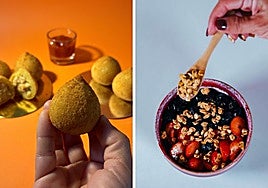 Una Coxinha a la izquierda y un tazón de açai a la derecha.