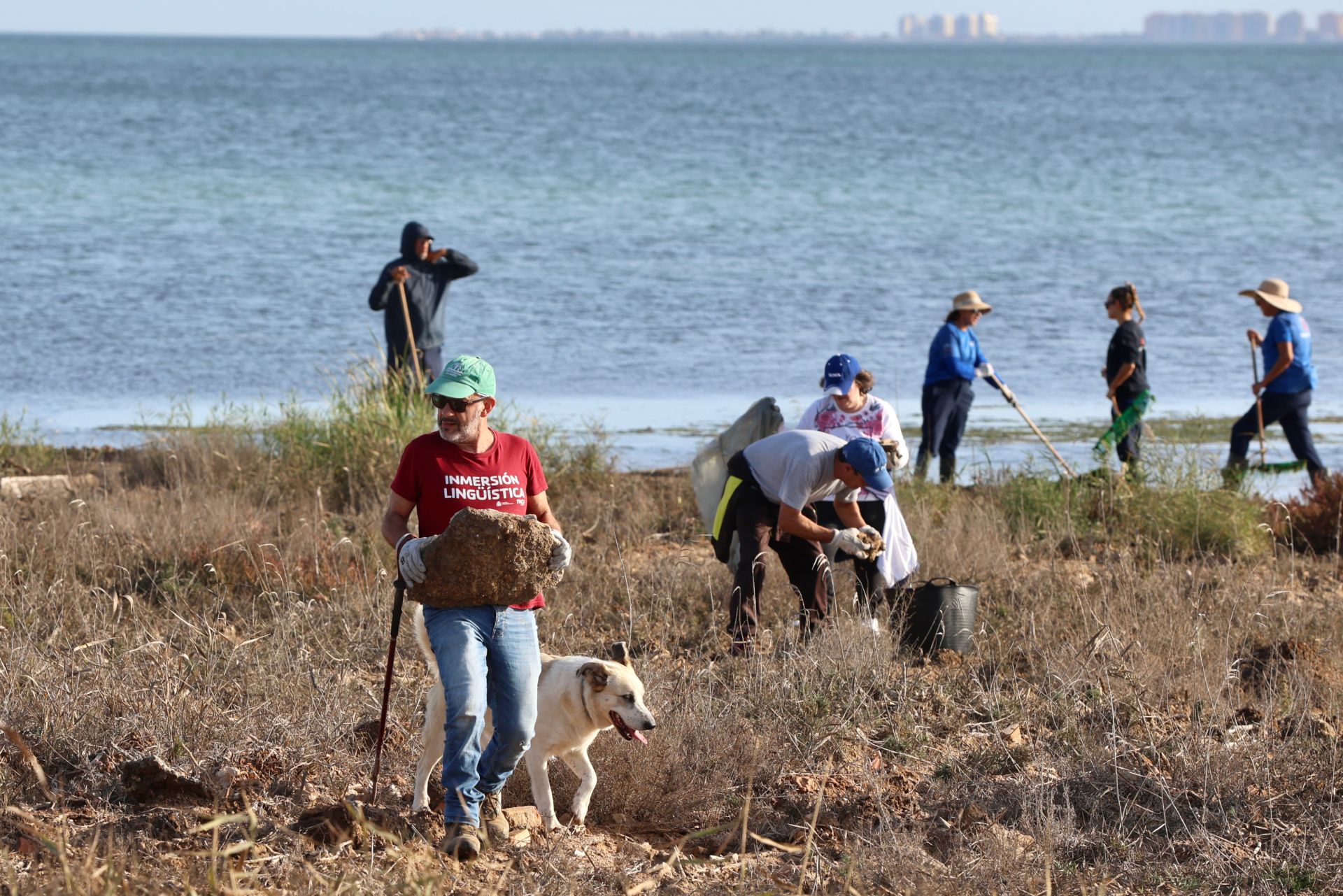 La recogida de basura en el paraje natural Menhir del Rame, en el Mar Menor, en imágenes