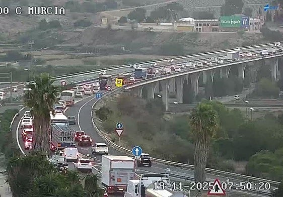 Situación del tráfico en la A-7, a su paso por el municipio de Murcia, a las 7.50 de este martes.