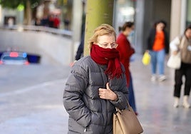 Una mujer, con abrigo y bufanda, este viernes en Murcia.