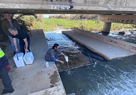 Recogida de muestras del agua de El Albujón, este martes, en la desembocadura de la rambla.