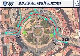 Los carriles que serán reversibles este viernes en la parte superior de la plaza Circular de Murcia.