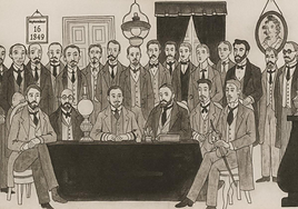 Dibujo de Eugenio Martínez Pastor que escenifica la fundación hace 175 años del Colegio de Abogados.