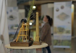 Una de las asistentes observa uno de los paneles y los ikebanas que componen la muestra.