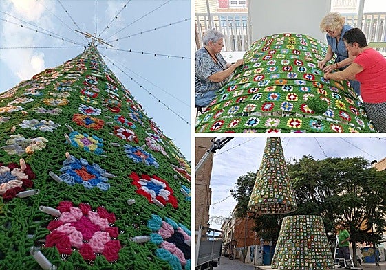 El árbol hecho de ganchillo y las mujeres en el momento de su elaboración.