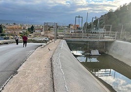 Dos vecinos de Lorca caminan junto al canal del postrasvase Tajo-Segura.
