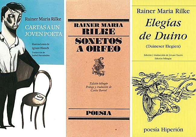 Tres obras escogidas de Rilke. Ejemplares de 'Cartas a un joven poeta' (Nórdica Libros), 'Sonetos a Orfeo' (Lumen) y 'Elegías de Duino' (Hiperión Ediciones)