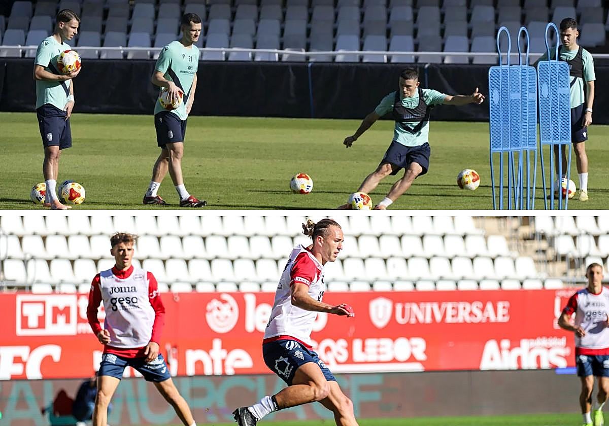 Calderón, Chuca, Kevin Sánchez y Luismi Redondo ensayan faltas directas en la parte final del entrenamiento de ayer en el estadio Cartagonova. Entrenamiento del Real Murcia ayer en el Enrique Roca