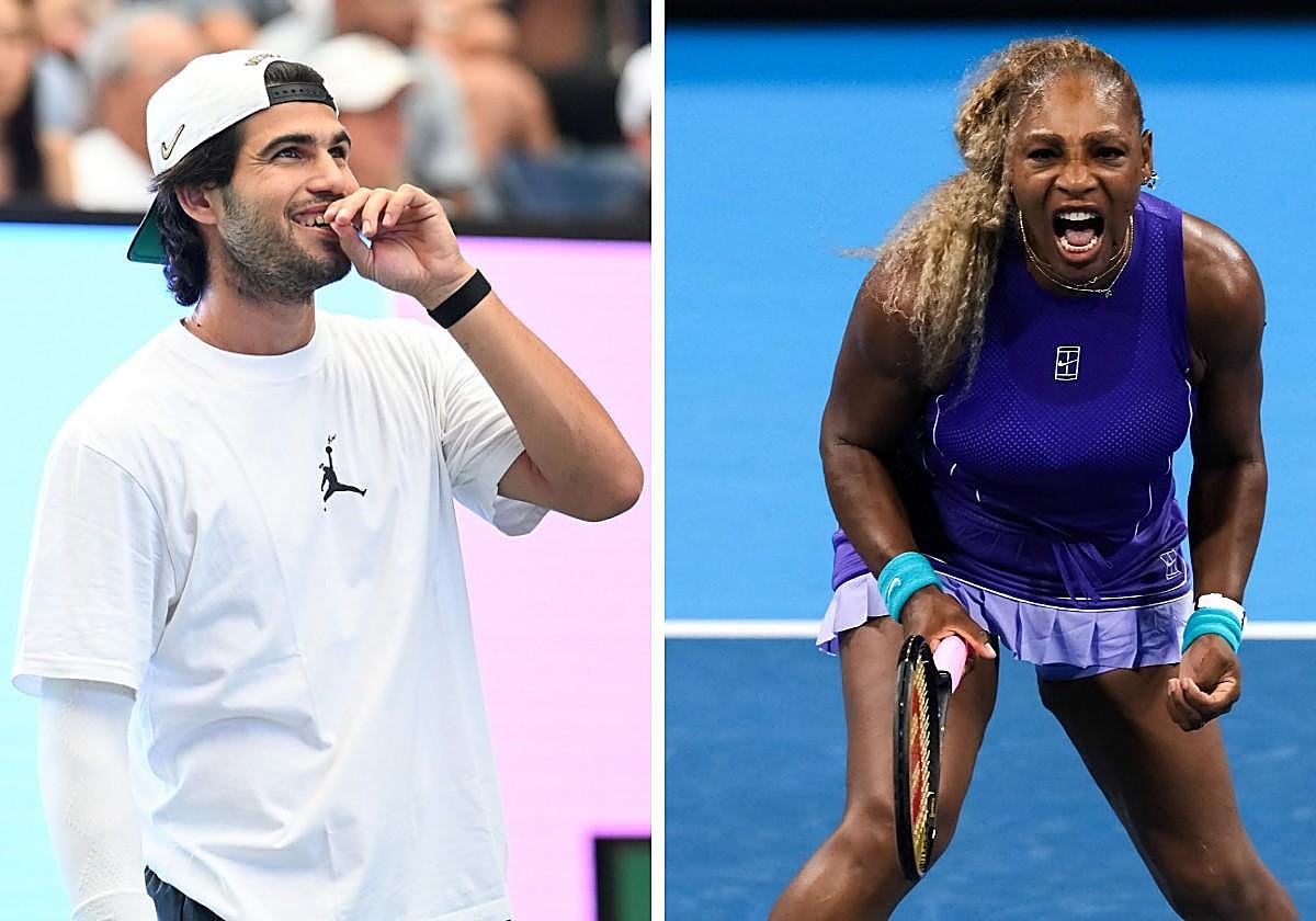 Carlos Alcaraz, durante su entrenamiento de este lunes, y Serena Williams, celebrando un punto la semana pasada en Cincinnati.
