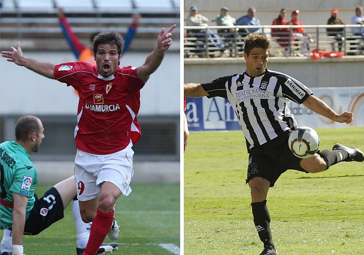 Quique de Lucas, de grana, celebra un gol ante el Castellón en 2009; el catalán, en el derbi del 2009, remata a puerta.