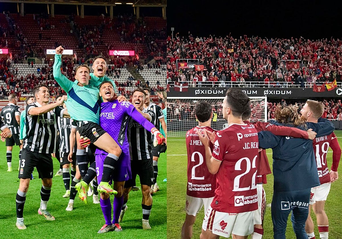 Los jugadores del Efesé celebran sobre el Enrique Roca en febrero de 2026; la plantilla grana festeja en el fondo norte del Cartagonova, en diciembre de 2025.