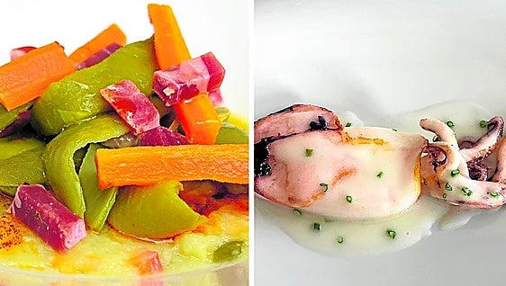 Recetas de la tierra y el mar: Verduras sobre cremoso de calabaza y chipirones con mahonesa de espárragos