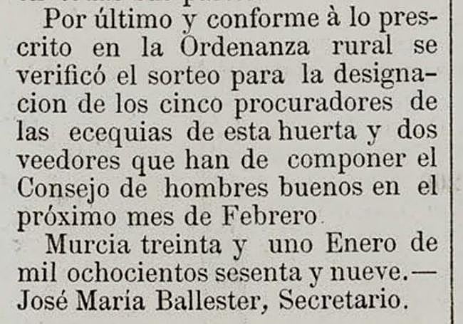 El 'Boletín Oficial de la Provincia de Murcia' publicaba en 1869 el resultado del sorteo celebrado en el Ayuntamiento.