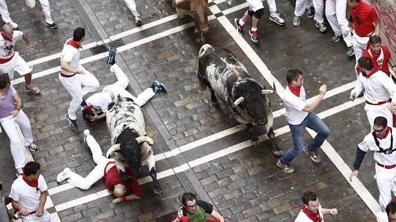 Los mozos corren junto a los toros de la ganadería gaditana de Torrestrella. 