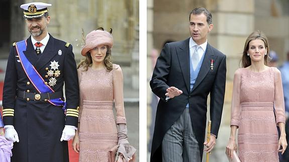 A la izquierda, Doña Letizia el día de la boda de Kate Middleton y Guillermo de Inglaterra. A la derecha, hoy en Santiago. 