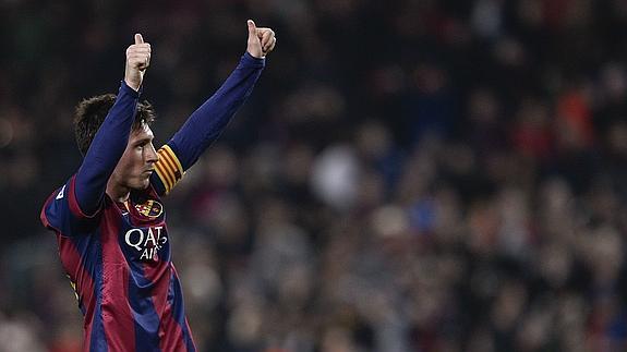 Leo Messi celebra su gol.  