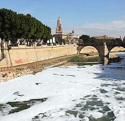 El río cubierto de una capa de espuma blanca a su paso ayer por la ciudad de Murcia. ::                             EDU BOTELLA/ AGM