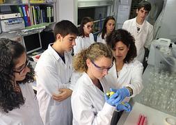 Una de las investigadoras del Cebas enseña a los alumnos varios experimentos científicos en un laboratorio. :: V. Vicéns/AGM