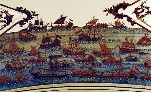 Mural, de autor desconocido, que hay bajo el coro y que representa la batalla de Lepanto. / P. A. / AGM