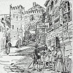 Recreación de Muñoz Barberán de la entrada a la ciudad en época medieval, dibujo publicado en 'La Verdad' en el año 1974. ::                             ARCHIVO MUNICIPAL