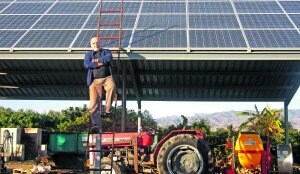 El experto en medio ambiente y desarrollo sostenible Domingo JIménez Beltrán, posa ante las placas solares que tiene instaladas en su vivienda.