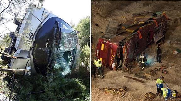 El mismo autobús con distinta pintura tras su accidente en 2010 en Castellón (izda.) y el pasado sábado en Cieza. 