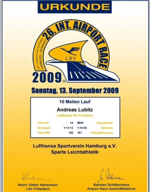 Certificado del tiempo oficial de Andreas Lubitz en la 26. Int. Airport Race.