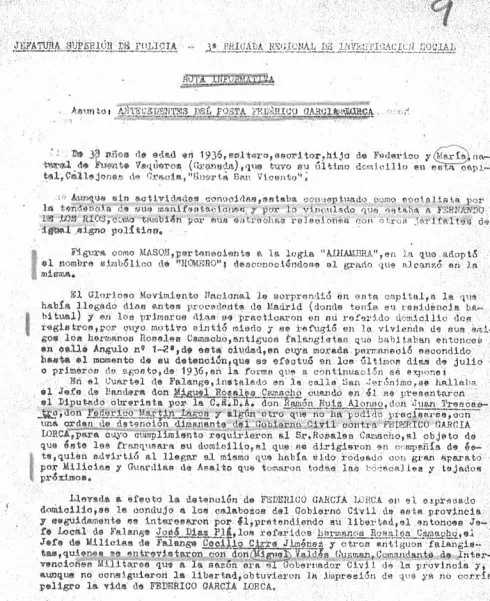 
El documento del 9 de julio de 1965 sobre la muerte de Lorca está redactado por la tercera brigada, pero sin firma alguna. :: copia de ian gibson