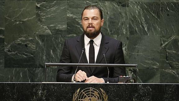 Leonardo Dicaprio en su discurso como mensajero de paz en la Cumple sobre el Cambio Climático celebrada en Nueava York.  