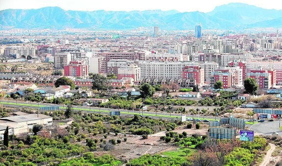Panorámica de los desarrollos urbanísticos de la zona norte de Murcia. En la imagen, la avenida Reino de Murcia, donde la mayoría de huertos están abandonados.