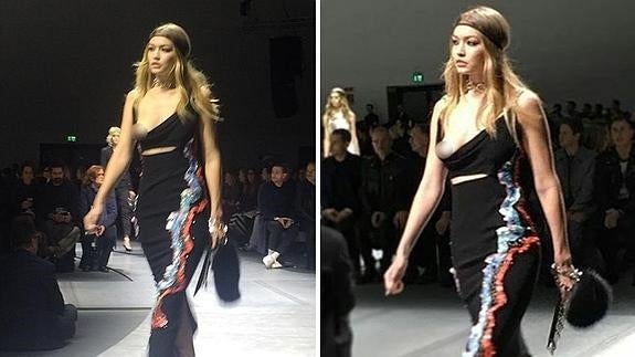 Gigi Hadid durante el desfile de Versace en MFW.