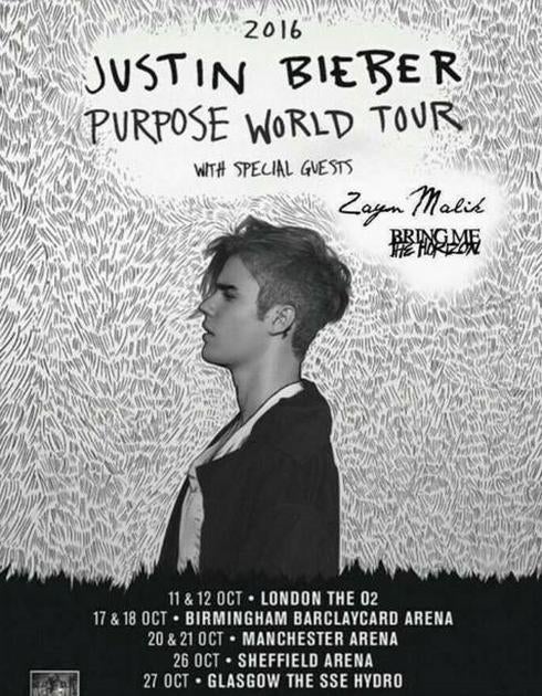 El cartel de 'Purpose World Tour' de Justin Bieber, donde supuestamente le acompaña Zayn Malik y Bring Me The Horizon. 