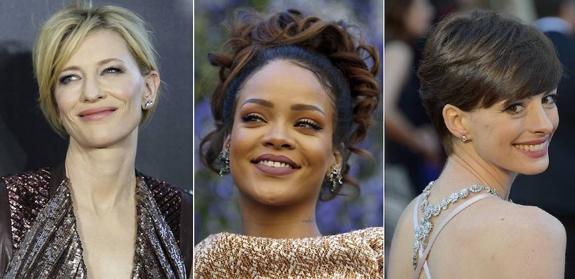 La cantante Rihanna (en medio), y las actrices Cate Blanchett (izquierda) y Anne Hathaway (dercha), podrían unirse a Sandra Bullock para formar una nueva banda de ladronas en 'Ocean's Eight'. 