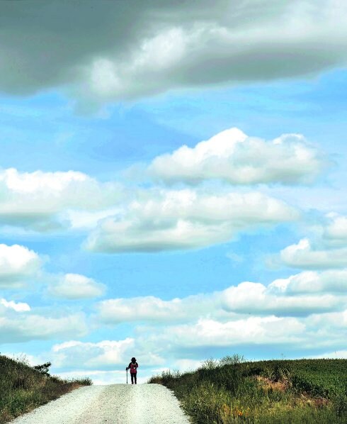Una peregrina camina en solitario por las duras rectas del Camino de Santiago en la provincia de Palencia. 