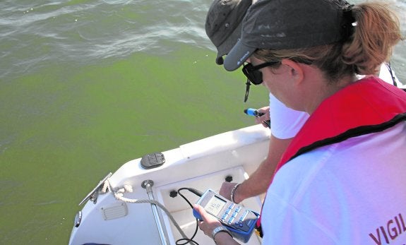 Dos de los biólogos del equipo de Vigilancia Marítima miden el oxígeno disuelto de la laguna. 