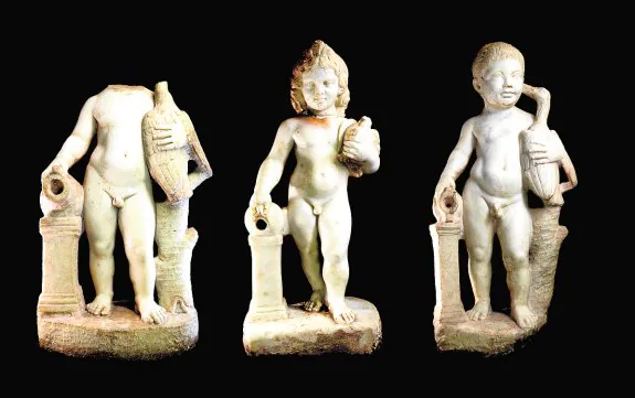Las tres esculturas romanas de la villa de Los Cantos de Bullas recuperadas por la Guardia Civil.