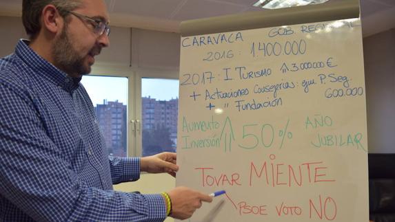 Victor Martínez hace un esquema para explicar la partida de los presupuestos para Caravaca Jubilar. 