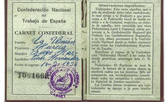 Carné de la Confederación Nacional de Trabajo de España de 1936.