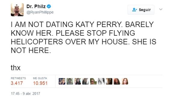 Tweet de Ryan Phillippe negando su romance con Katy Perry.