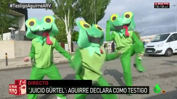 'El Intermedio' planta cuatro ranas en la Audiencia Nacional para recibir a Esperanza Aguirre