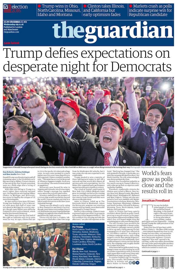 The Guardian (Reino Unido). El diario británico titula: «Trump desafía las expectativas en una noche desesperada para los democratas»