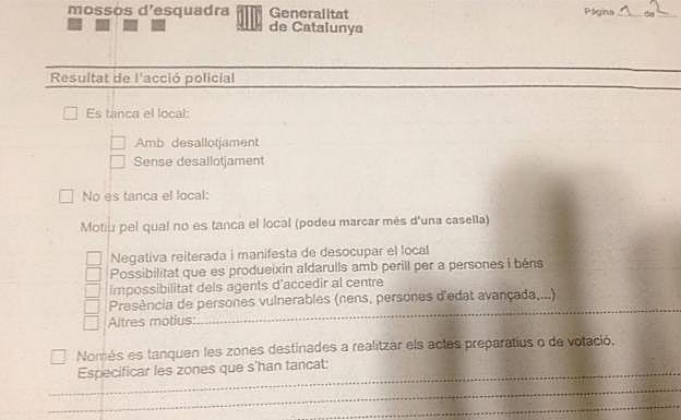 Formulario utilizado por los Mossos en su visita a los colegios.