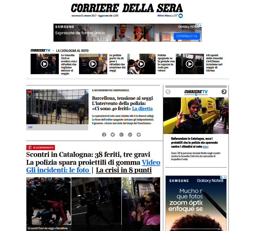 El italiano Corriere della Sera habla de los heridos: "Conflictos en Cataluña: 38 heridos, tres graves. La policía dispara pelotas de goma".
