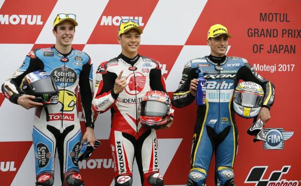 Alex Márquez, Takaaki Nakagami y Xavi Vierge. 