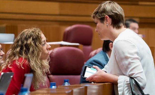 La procuradora popular Irene Cortés (d) conversa con la procuradora socialista Virginia Jiménez (i) en el Pleno de las Cortes