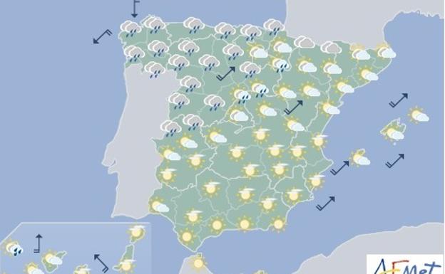 Mapa de la Aemet que muestra la previsión de tiempo para hoy.