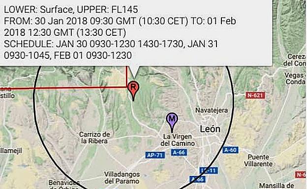 Imagen de la zona de exclusión que afecta al helicóptero de Sacyl con base en Astorga.